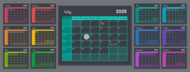 Planner template with 2025 year calendar. Wall or desk annual schedule grid for 12 months on black background. Dark theme of blank daily organizer for 2025 in rainbow colors, vector illustration