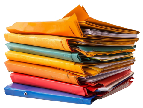 Stack of multicolored folders and documents isolated on a white background. Office and business organization concept.
