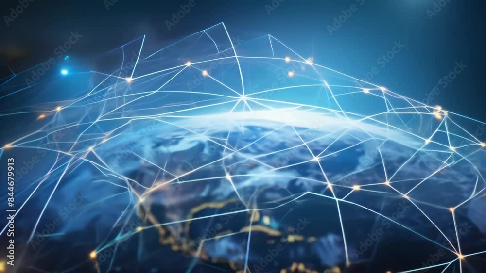 Poster Earth from space with illuminated cities and global network connections. High-resolution digital artwork. Futuristic technology and global communication concept.