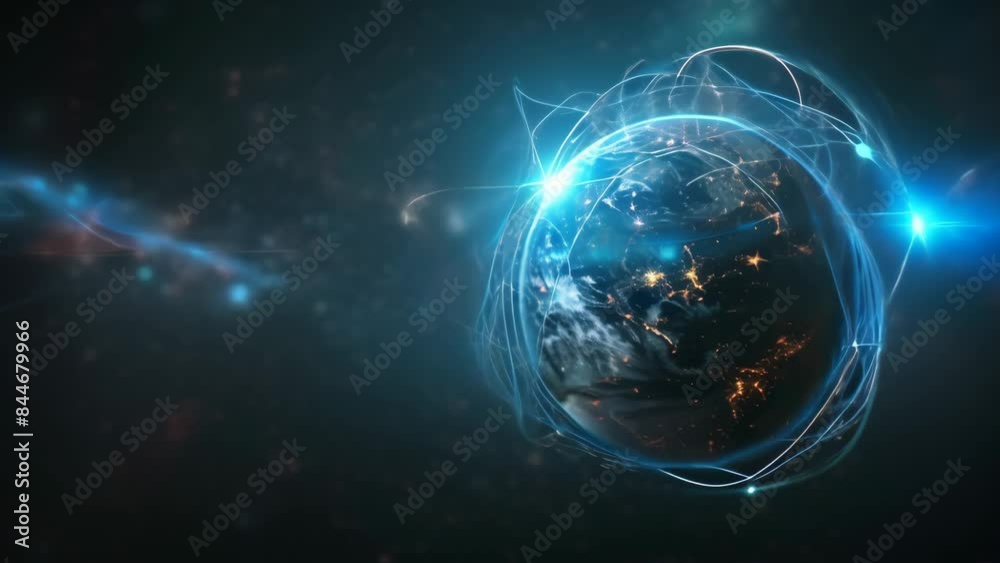 Poster earth from space with illuminated cities and network connections. high-resolution digital artwork. f