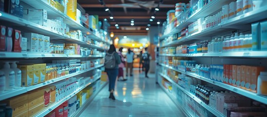 Brightly Lit Drugstore Aisle with Neatly Stocked White Shelves of Health and Wellness Products