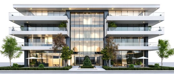 modern office building stands against a pristine white background, epitomizing sleek sophistication and professionalism