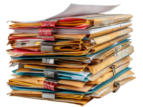 A stack of organized, colorful folders and documents arranged in a neat pile, representing office work, paperwork, or organization.