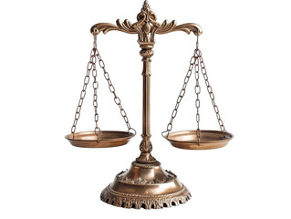 A vintage brass balance scale symbolizing justice, equality, and fairness, isolated on a white background.