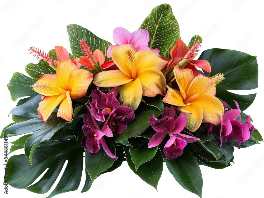 Wall mural beautiful tropical flower arrangement with vibrant lilies and lush green leaves, perfect for decorat