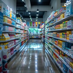 Brightly Lit Drugstore Aisle with Neatly Stocked White Shelves of Health and Wellness Products