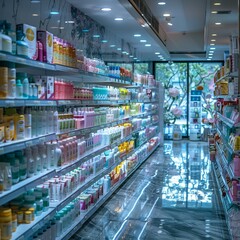 Fototapeta premium Brightly Lit Drugstore Aisle with Neatly Stocked White Shelves of Health and Wellness Products