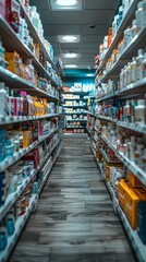 Brightly Lit Drugstore Aisle with Neatly Stocked White Shelves of Health and Wellness Products