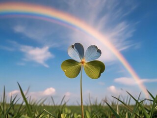 A delicate 4-leaf clover, adorned with rainbow, sways gracefully in the crisp morning breeze. The pristine, emerald green leaves reflect the promise of a new day, symbolizing good fortune