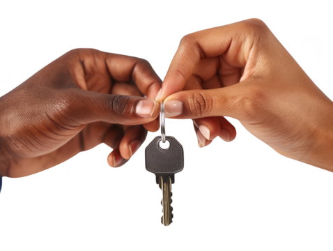 Close-up of two hands exchanging a key, symbolizing new home ownership, trust, and partnership. Ideal for real estate, business, and family themes.