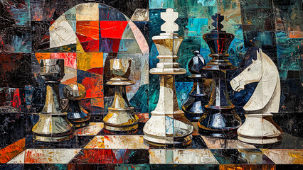 Chess Pieces Painting -  Cuboidal Painting, Pastel Colors, Cubist art, Cube Scene, Board Game Art