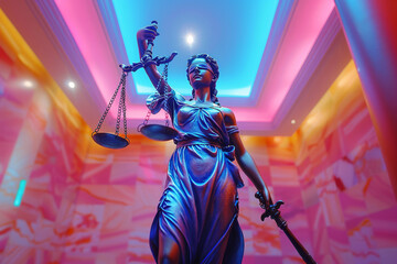 A statue of Lady Justice stands in a vibrant, colorful interior space, highlighting the enduring relevance of justice in contemporary society