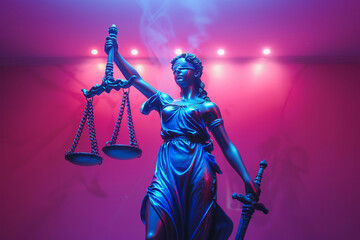Lady Justice statue stands prominently in a vibrant, colorful room, symbolizing the timeless importance of justice in modern society