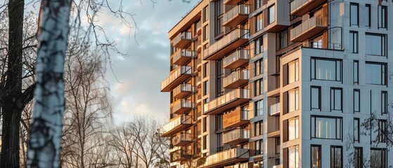 residential apartment block, modern wood and concrete, architectural plans, facades east