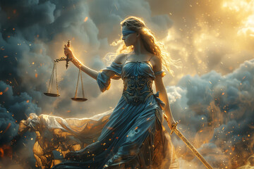 Lady Justice, blindfolded and holding scales of justice and a sword, stands against a backdrop of swirling winds and stormy skies. She symbolizes ongoing struggle for justice in face of adversity