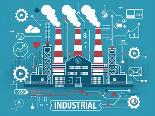 An illustration of an industrial factory with three smokestacks, surrounded by digital icons and symbols on a blue background.