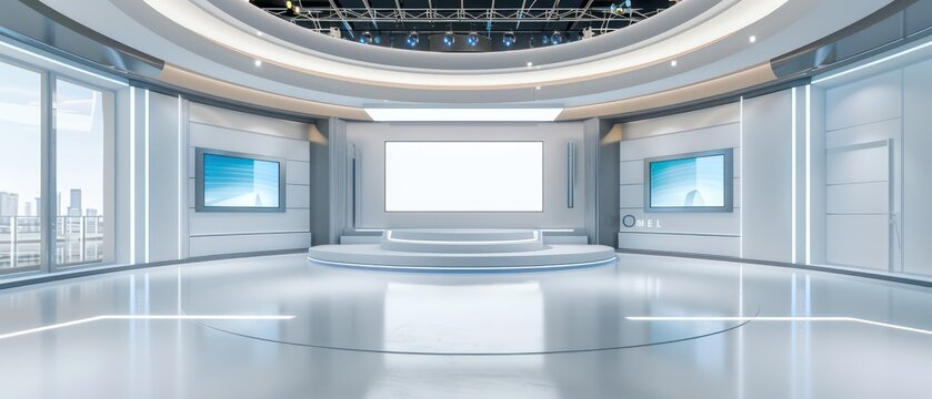 fresh white background sets the stage for a tv program, with a prominent large monitor for dynamic visuals