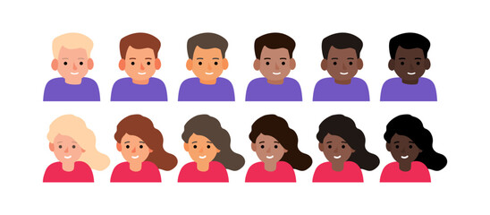 children boy and girl different colors skin tone  portraits vector illustration