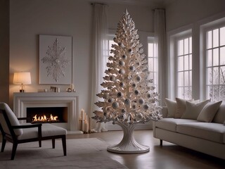 A sleek and modern ceramic Christmas tree is depicted with impeccable artistry. The tree's shiny surface gleams under the warm light, bringing out its refined features.