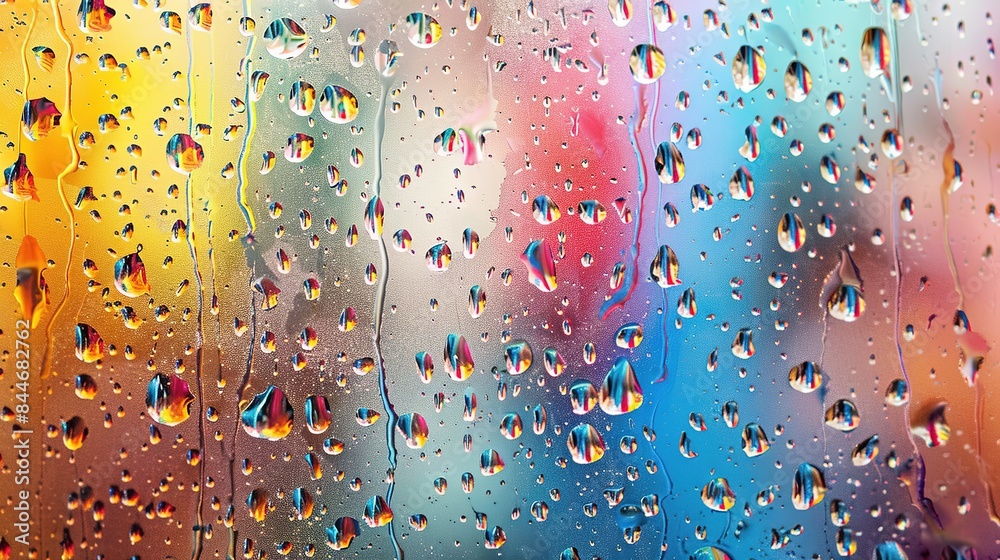 Wall mural Abstract water droplets on a glass surface with a colorful backdrop - Wall murals