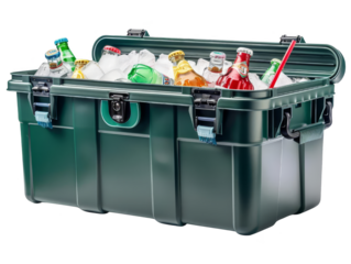 Green cooler box filled with ice and assorted bottled beverages. Perfect for parties, picnics, and outdoor events.