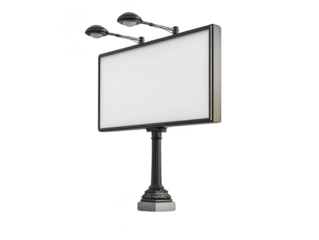 High angle shot of an empty billboard on a metal pole with spotlights for outdoor advertising. Perfect for marketing, promotion, and advertisement needs.