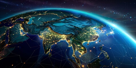 An editorial-style digital map of Asia, featuring high-resolution global network connections with glowing lights, and highlighting China's leading role in digital transformation across the Middle