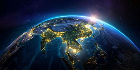 Fototapeta premium A high-resolution digital artwork of the Asian region showing global network connections and glowing lights, highlighting China's influential position in digital transformation efforts across the