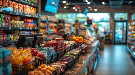 Clean and Organized Drugstore Checkout Area with Cashier Counter, Shopping Baskets, and Tempting Impulse Buy Items