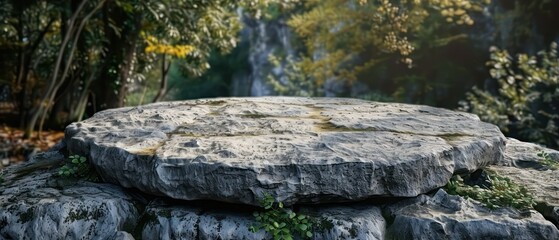 Obraz premium flat stone podium on a rock platform serves as a stylish showcase against a backdrop of verdant forest scenery
