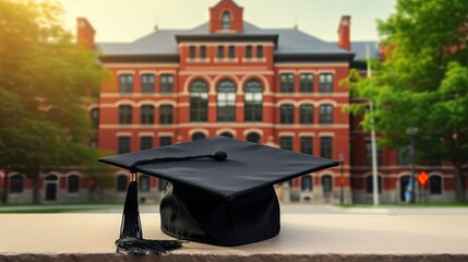 Black graduation cap with blurred background of university building