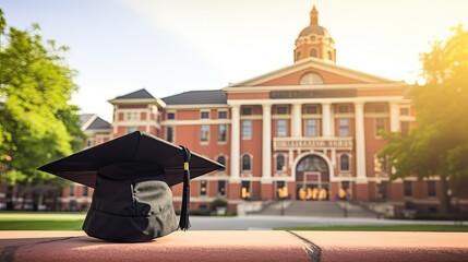 Black graduation cap with blurred background of university building