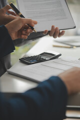 Business Signing a Contract Buy - sell house, insurance agent analyzing about home investment loan...