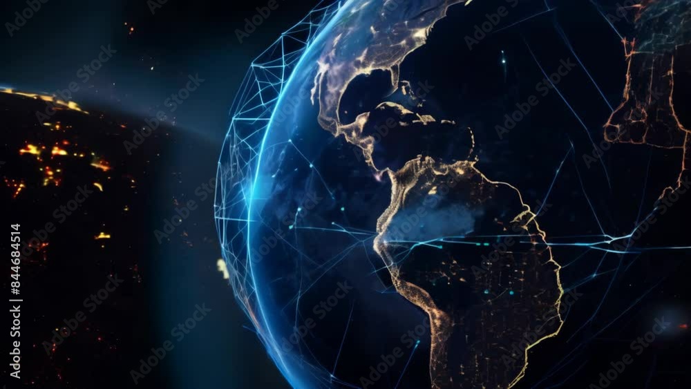 Poster earth from space with illuminated cities and connecting network lines. high-resolution digital artwo