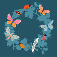 Insects beetles butterflies on flowers isolated concept. Vector graphic design illustration