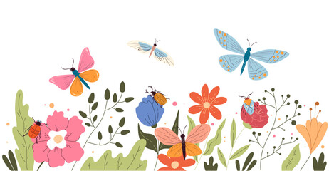 Insects beetles butterflies on flowers isolated concept. Vector graphic design illustration