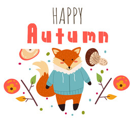 Happy autumn animal isolated concept. Vector flat graphic design illustration