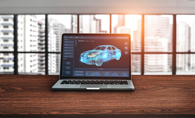 Electric car design software on computer screen showing simulation blueprint snugly by digital calculating application for manufacturing preparation - Powered by Adobe