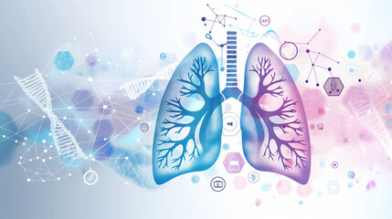 Naklejka premium A highly realistic and professional cover image for a PowerPoint presentation on lung health and diagnostics. The cover features a detailed, labeled illustration of human lungs in the center