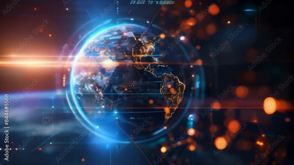 Poster Digital Earth with illuminated cities and futuristic HUD interface in outer space. High-resolution digital artwork. Futuristic technology and global communication concept 
