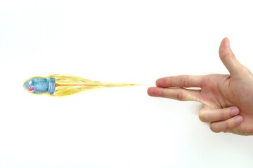 Hand gun gesture with hand drawing cartoon of bullet