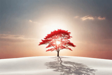 a tree with red leaves and the sun shining through the clouds.