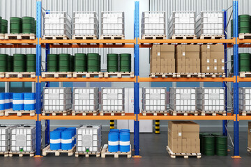 Warehouse rack. Barrels and boxes on shelves in storage. Multi-tiered warehouse furniture. Rack for storing manufactured products. Pallet storage system in warehouse. Industrial racks. 3d image