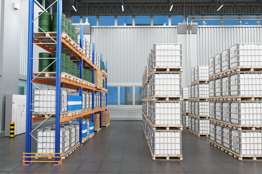 Storage of chemical liquids. Factory warehouse. Storage with tanks for liquids. Chemical warehouse. Warehouse with multi-tiered racks. Storehouse inside hangar with high ceilings. 3d image