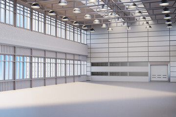Large empty industrial warehouse. Hangar interior with high ceiling. Empty industrial building. Hangar with huge windows. Space for storage shelving. Industrial building with many lamps. 3d image
