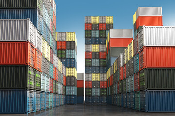 Fototapeta premium Sea freight containers. 40 foot containers warehouse. Tares for maritime export in air. Closed shipping containers under sky. Concept international sea logistics. Import goods. 3d image