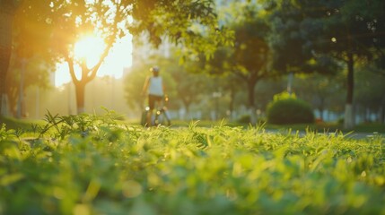 A person rides a bicycle on a sunny day in a lush green park, surrounded by trees and grass, basking in natural light.