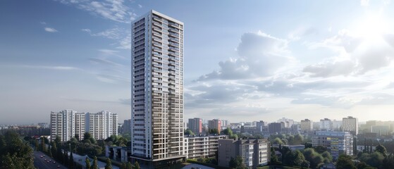 apartment tower exudes modernity and sophistication with its clean lines and high-end amenities