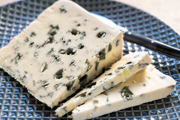 Piece of French blue cheese Roquefort, made from sheep milk in caves of Roquefort-sur-Soulzon
