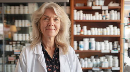 A 50-year-old Woman, profession: pharmacist, blond hair, blue eyes, front view, smiling, warm pharmacy d&eacute;cor